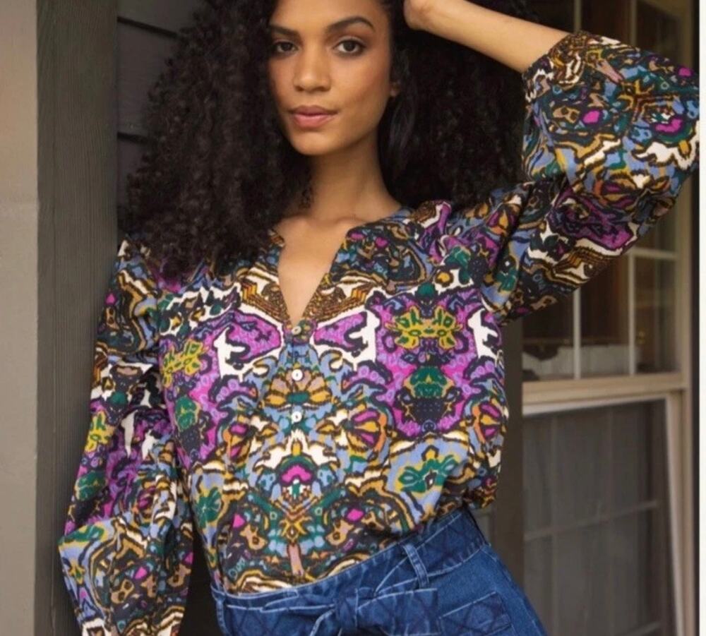 Cleobella Felicia Blouse In Mosaic Ikat Long Puff Sleeve Boho Colorful Size med